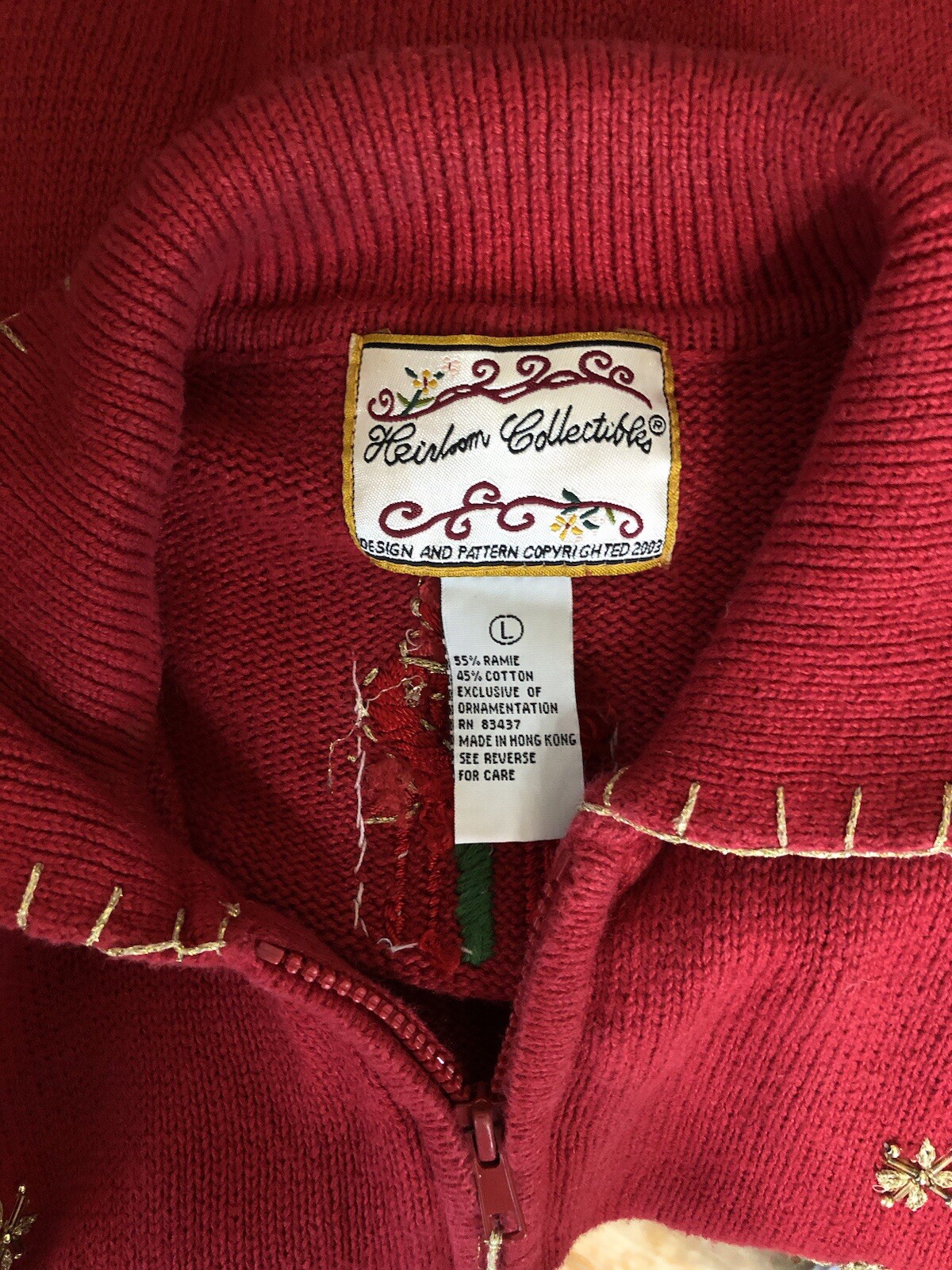 Vintage heirloom collectibles Cardigan sweater L zip front red Christmas holiday