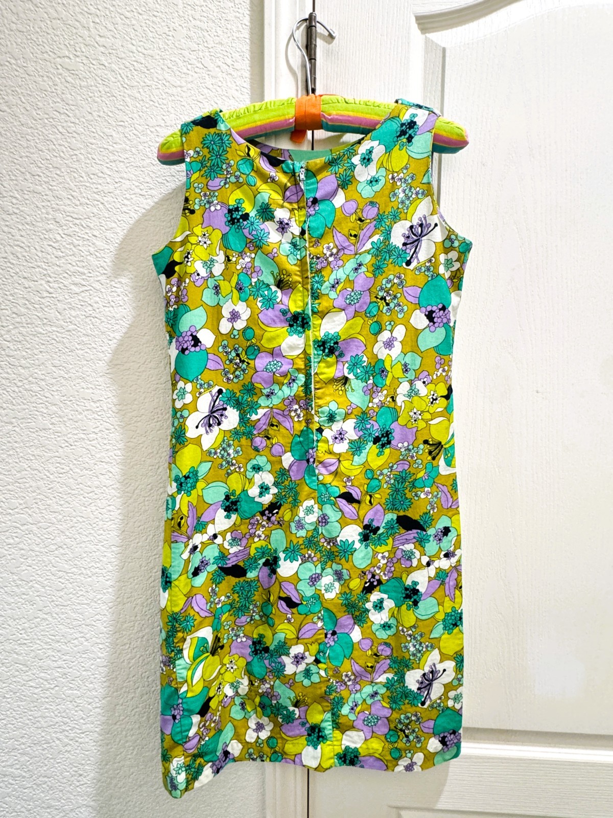 Vintage 1960s Green, Purple, Blue Floral Mini Shift Dress Small S