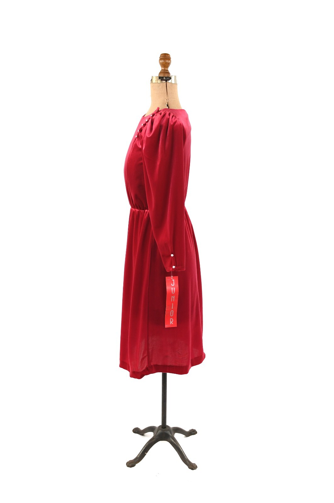 Vintage 70s Dark Pink Velvet Puff Shoulder Long Sleeve Pearl Button Dress S M