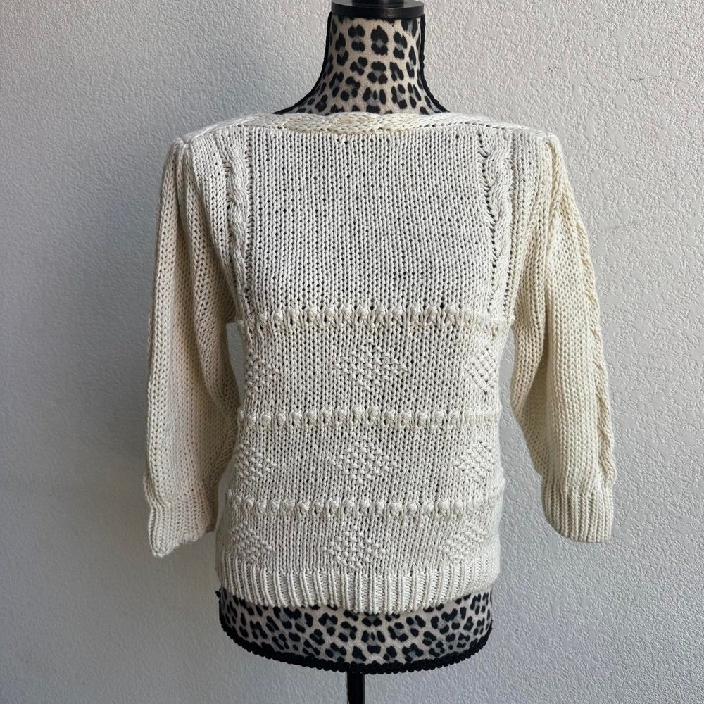 Herald House Vintage Cream ramie & cotton hand knitted 3/4 sleeves sweater