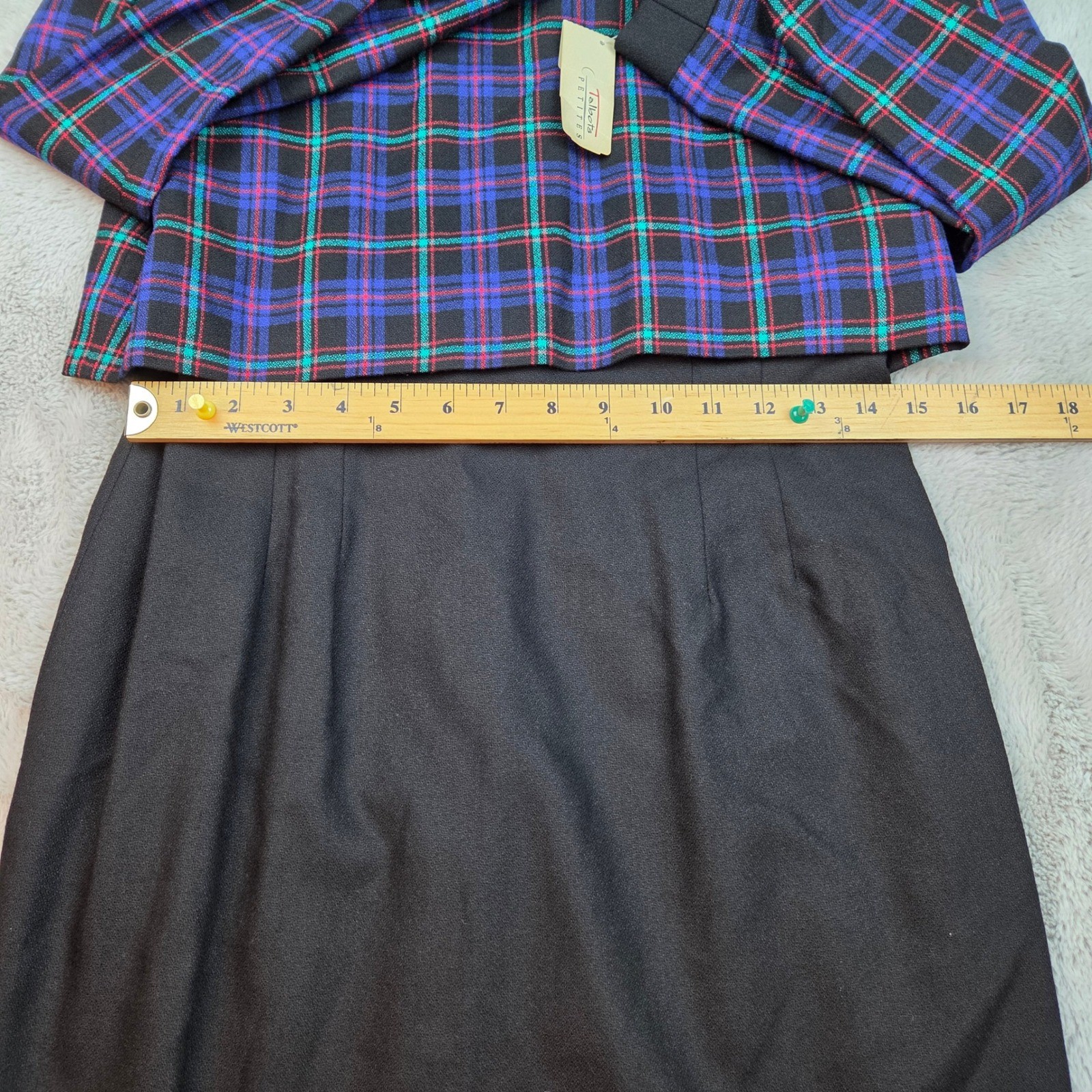 Vintage Talbots Plaid Sheath Dress Womens 8P Black Purple Wool Blend Mock Neck
