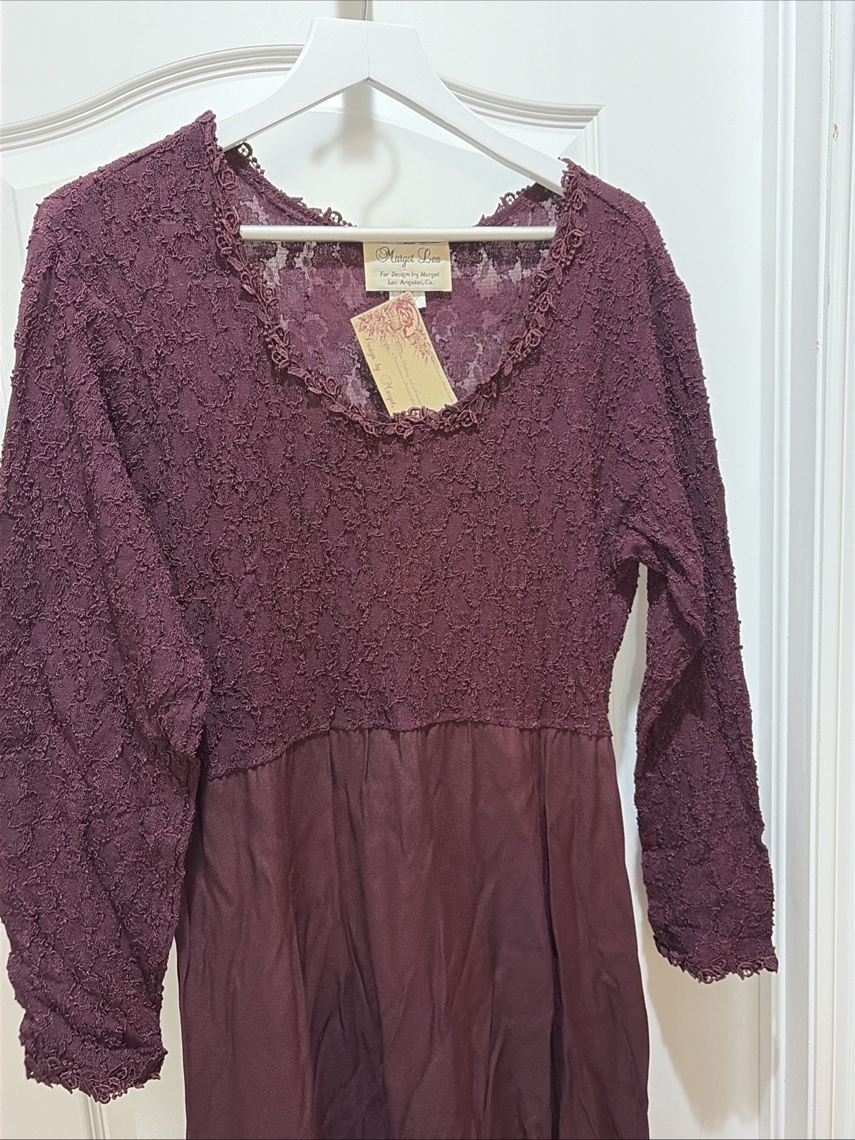 VTG NWT Margot Lea Dress Size XL Lace Accents Burgundy Maxi Long Sleeve USA
