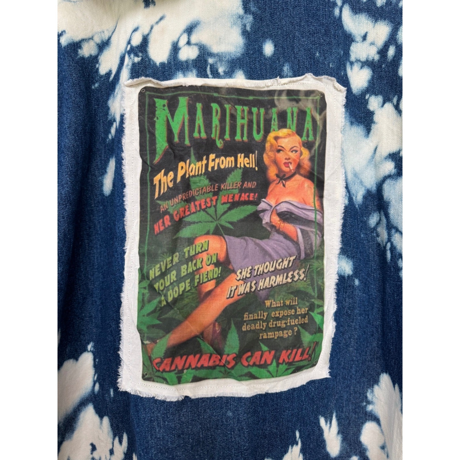Vintage Marijuana Propaganda Hooded Denim Utility Coat XL XXL Oversized