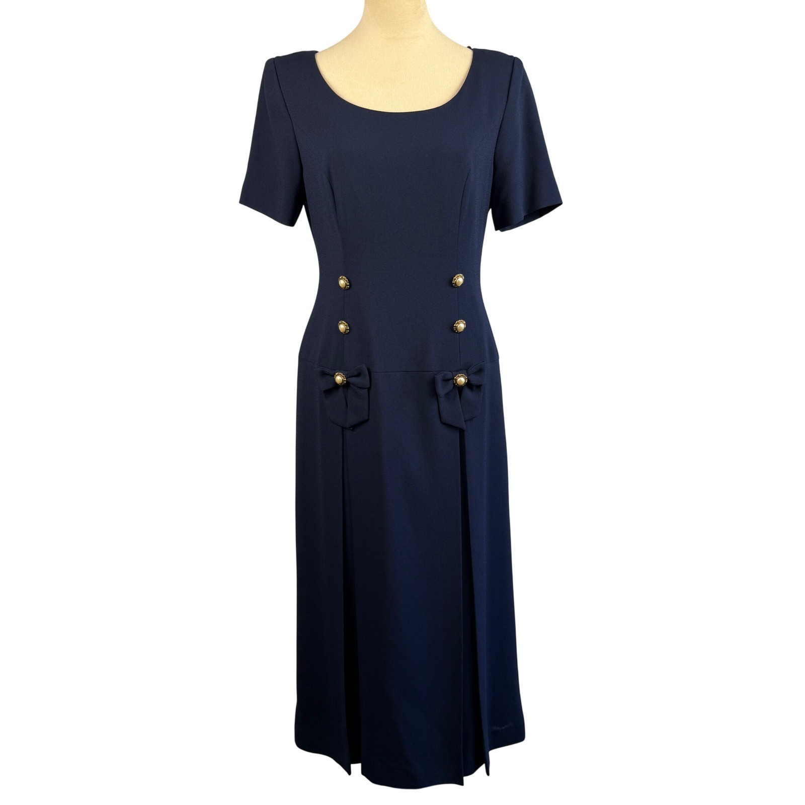 Vintage 80’s Donna Ricco Navy Blue Drop Waist Pleated Midi Dress Sz 10 USA Made