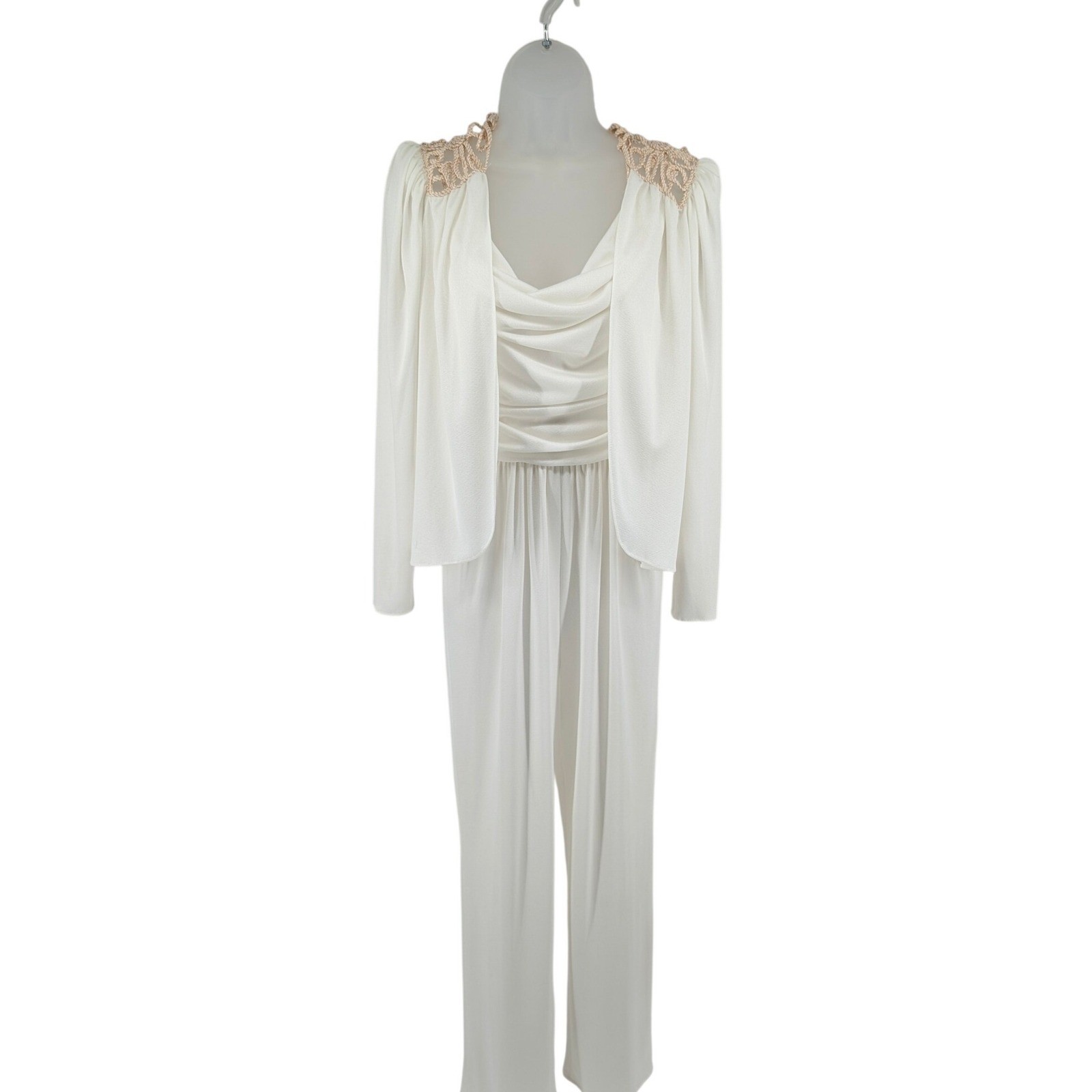 Vintage Jumpsuit Set Ivory White Cowl Neck Open Strappy Back Disco Glam Sz Small