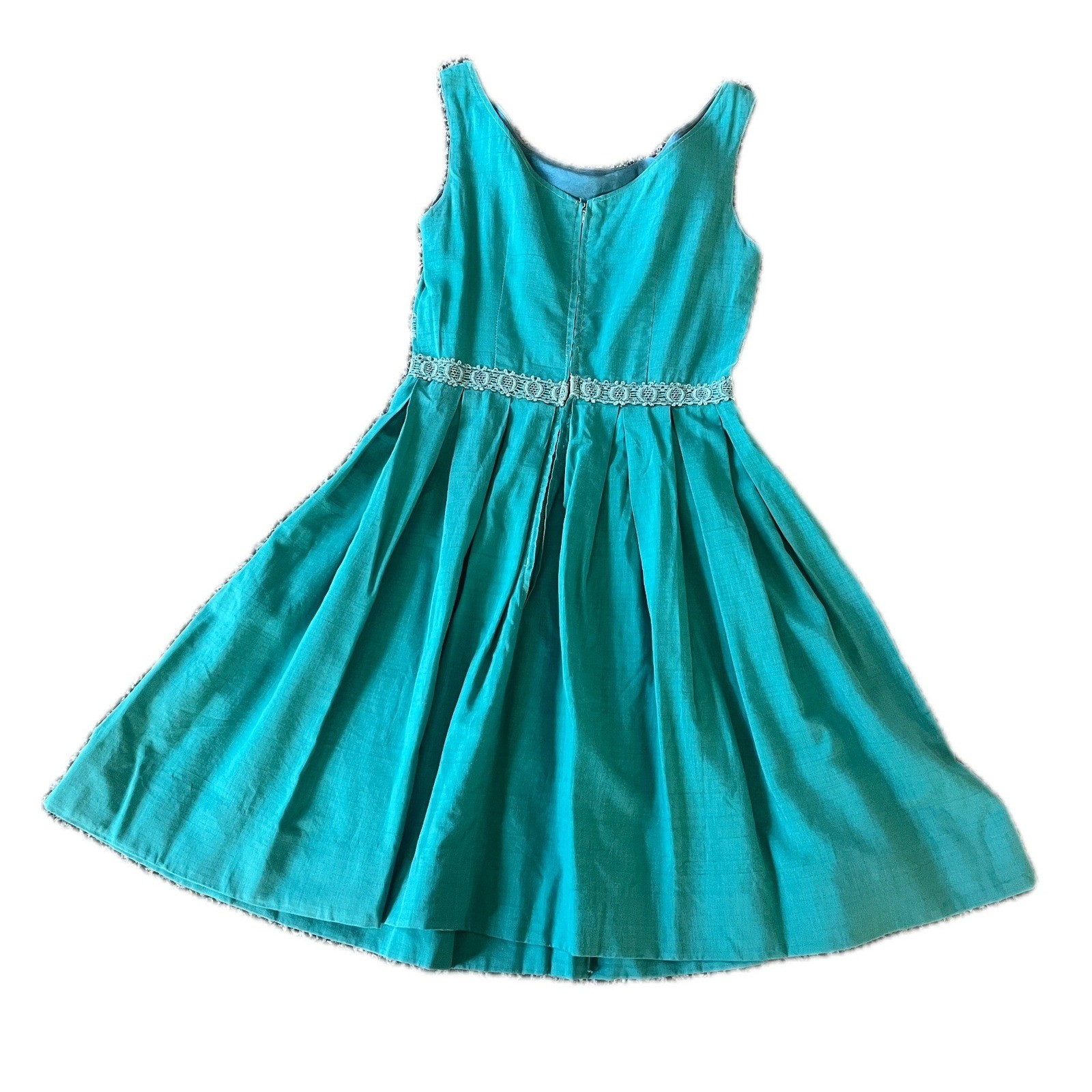 Vintage Teal Blue Pleated Fit Flare Dress Lace Waist Trim MCM 50s 60s Size S