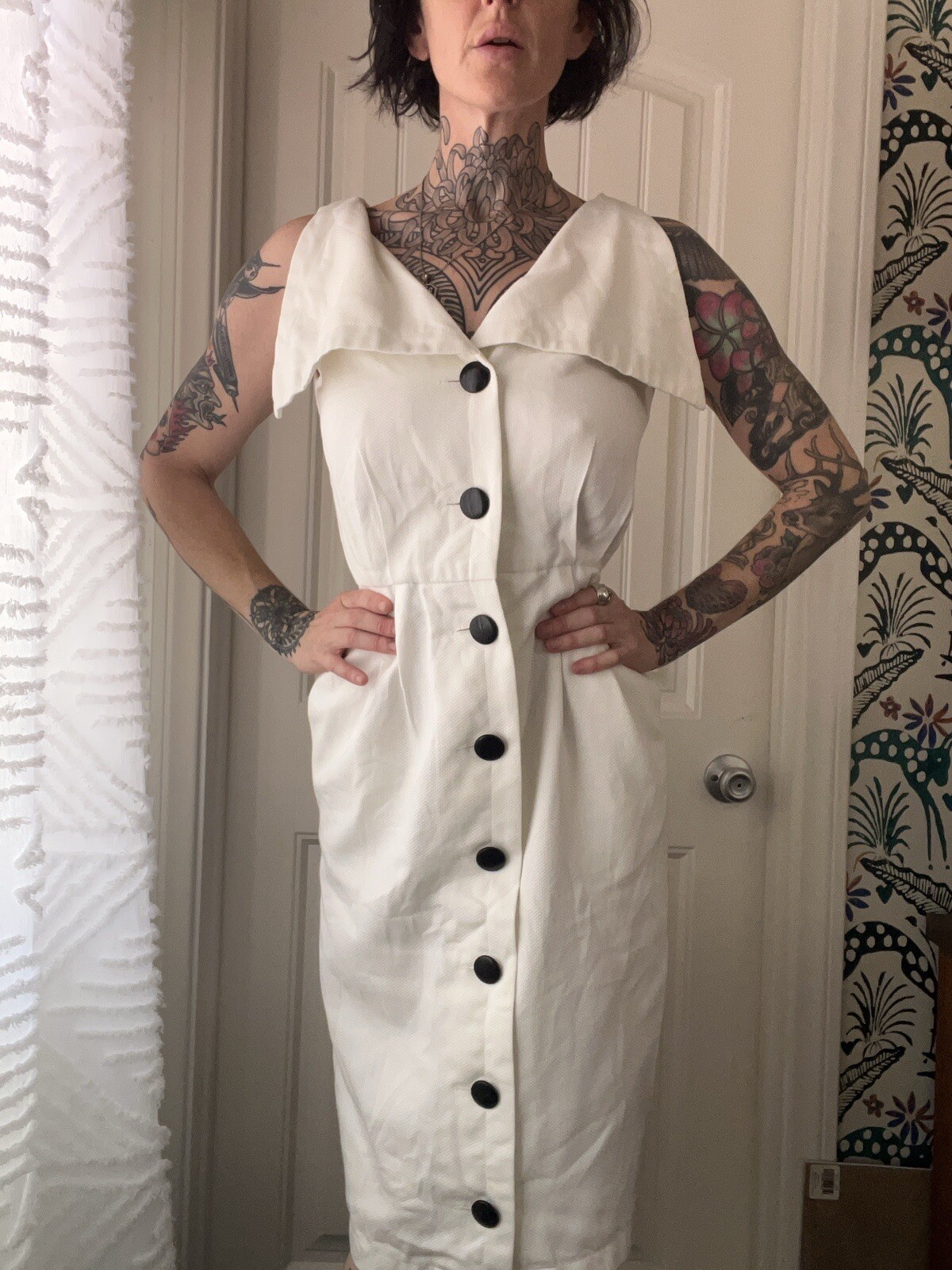 Vtg 80s Anthony Muto For Moroci Cotton Pinup Pencil Dress Old Money Preppy S/M