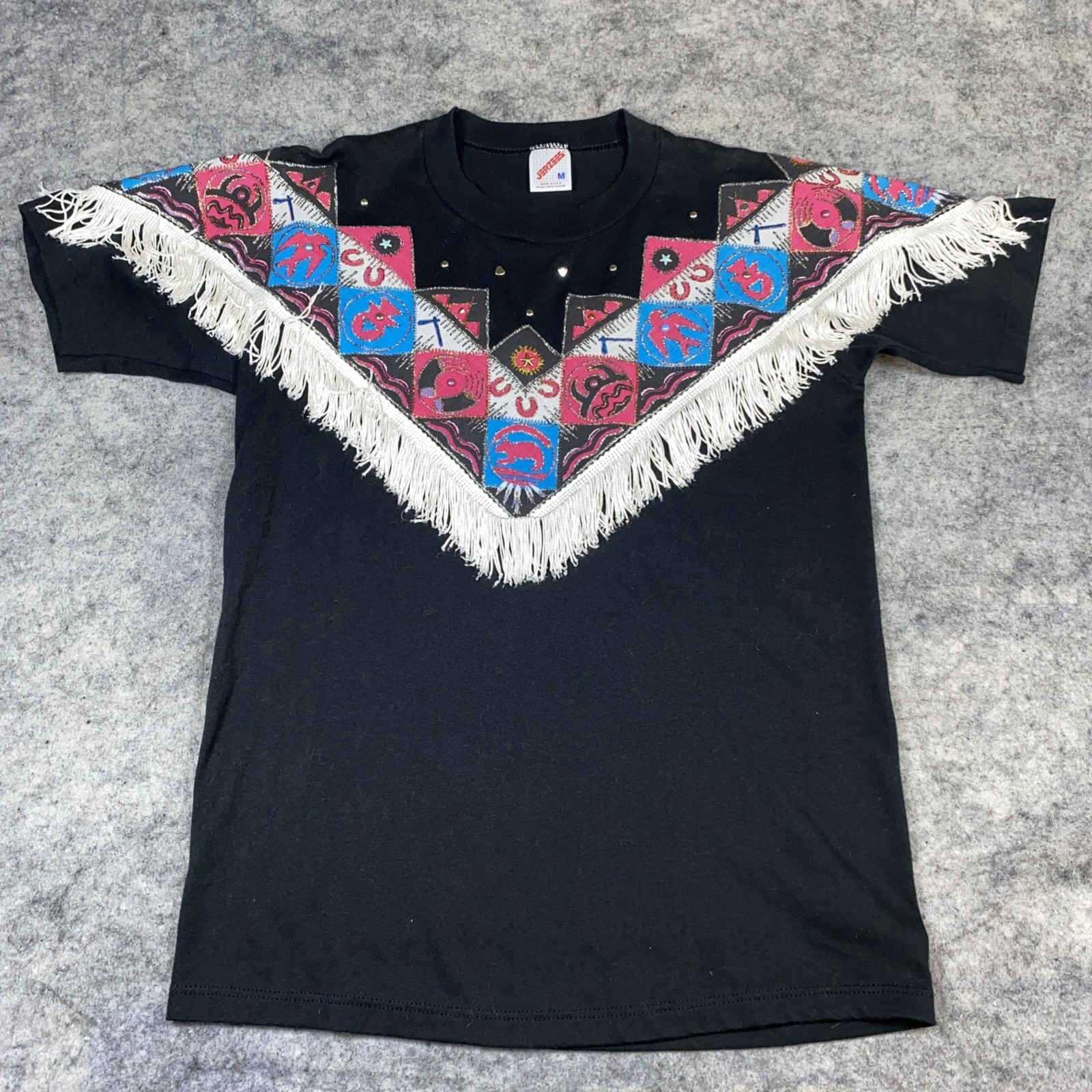 Vtg Jerzees Single Stitch T Shirt Women M Southwest Native American Aztec Tassel