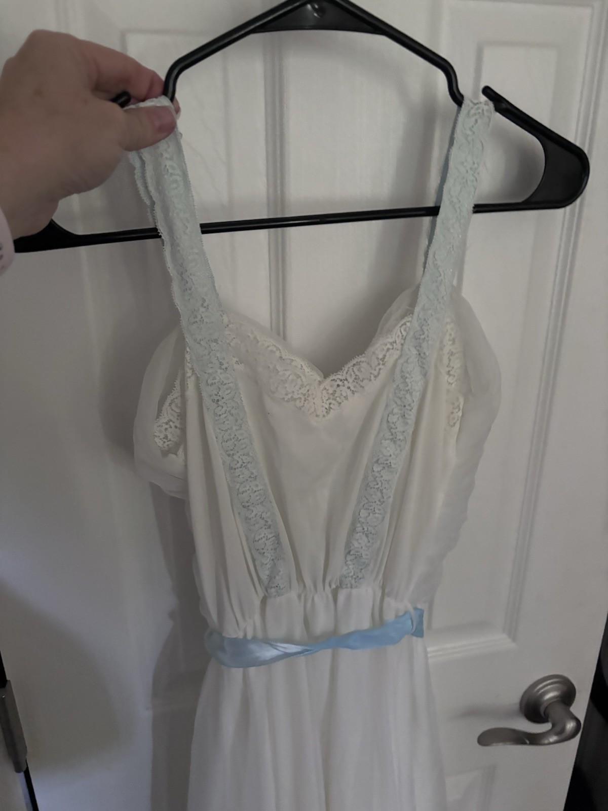 VTG Women Styled by Carillon Nylon Ivory White & Blue Chiffon Nightgown 32 Lace