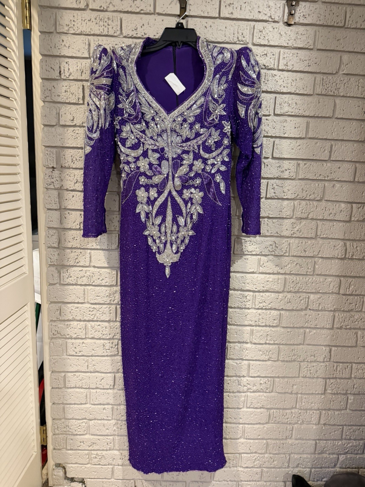 80S Vintage Sequin Imports 100% Silk Purple And Silver Beaded Ball Gown. READ