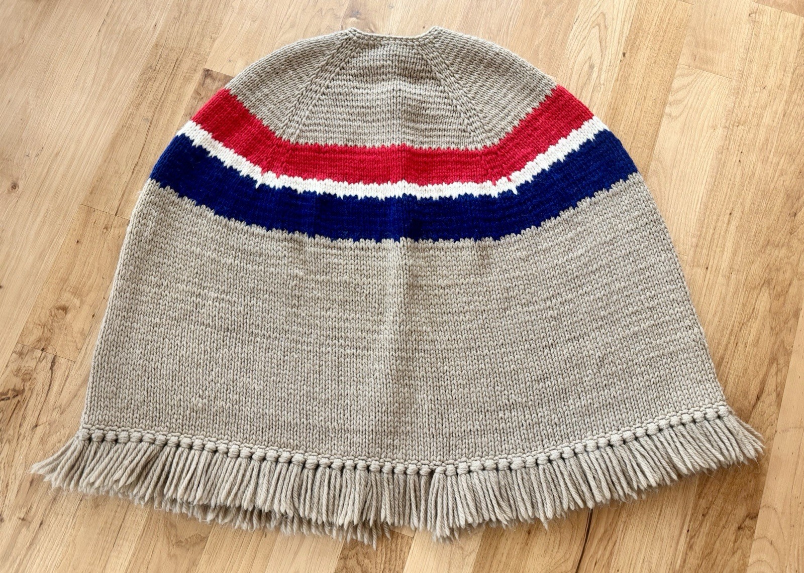 Vintage Handmade Chunky Knit Poncho Cape Blanket Sweater Boho Hippie Fringe