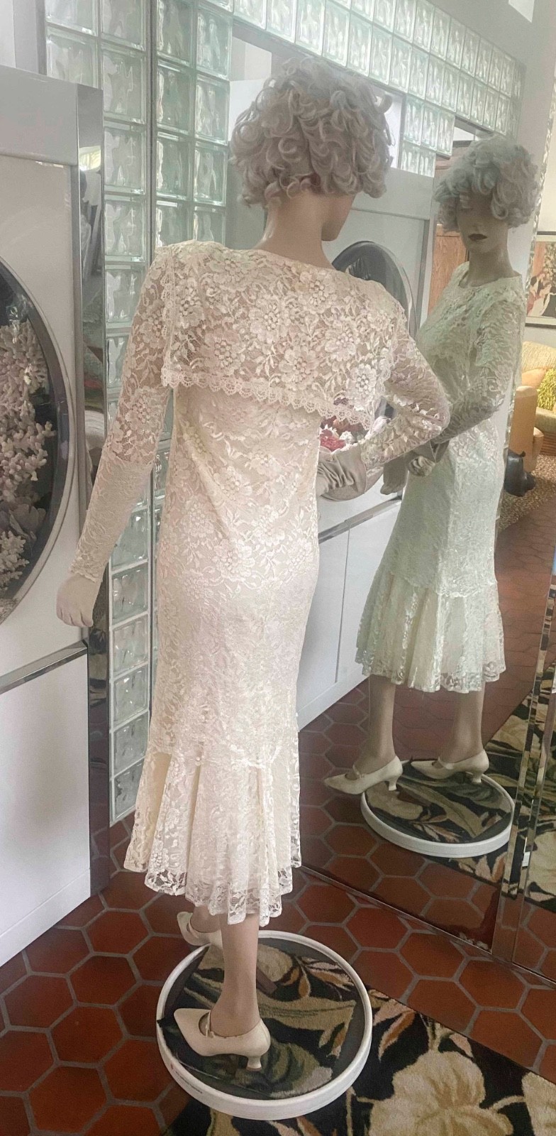 VTG 1980s copies 1920s-Ivory Lace Drop Waist Dress size XSP Fapper Gatsby