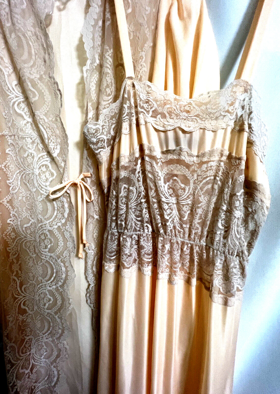 Sheer Madness Peach Satin Lacy Long Nightgown Matching Robe Set P / Petite VTG