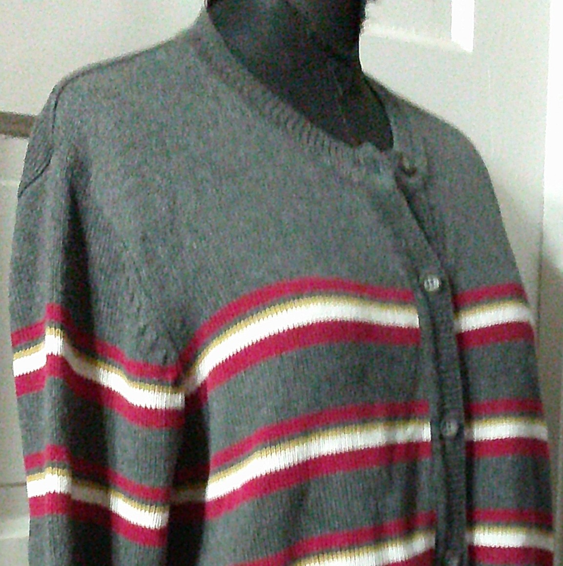90’s AMERICAN EAGLE Gray Red Stripe Button Up Cardigan Sweater L