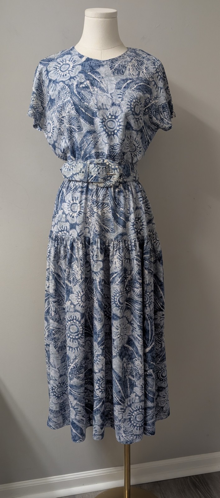 Vintage 80s Phoebe Rayon Dress Womens Abstract Floral Tiered W/ Belt Small S