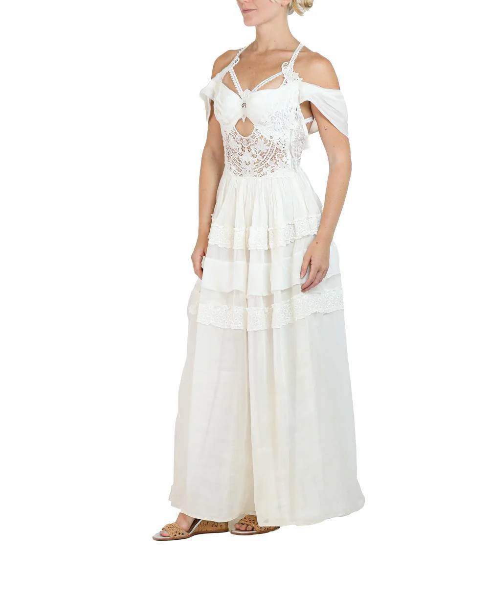 MORPHEW ATELIER White Organic Cotton Organdy & Antique Lace Gown