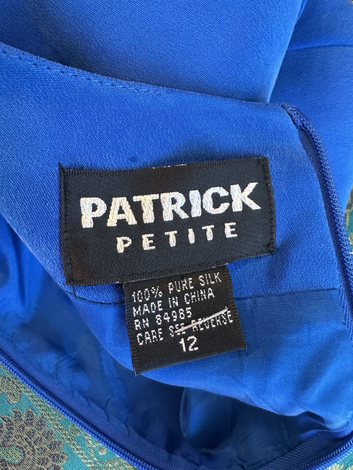 Vintage Patrick Petite Blue Silk Dress 12 80s 90s Power Shoulder Cocktail Mini
