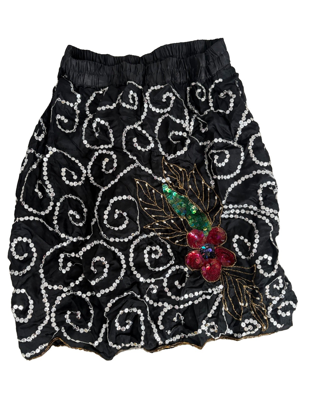 NWT VTG Tina Black Sequin Beaded Bubble Skirt Floral Applique Small 80s 90s
