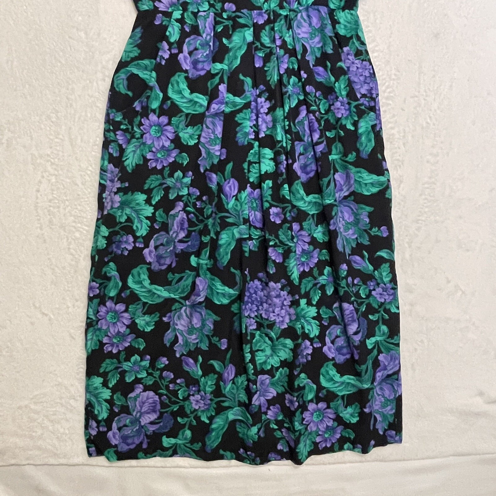 Vintage Ansley Midi Dress Black w/ Purple Flowers Pockets 80s 90s Made USA READ