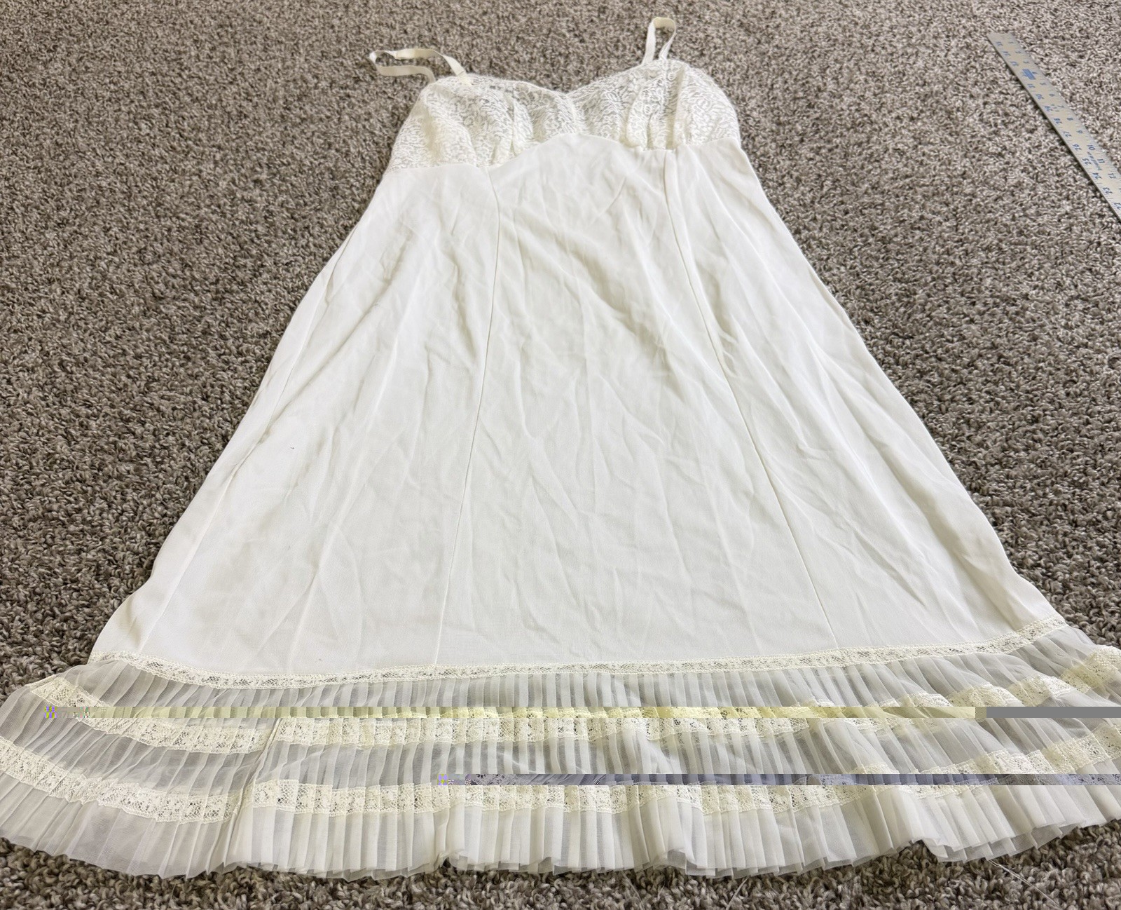 VTG Ivory Lace Slip Dress Size 36 Pleated Ruffle Hem Nylon Bridal Midi Made USA