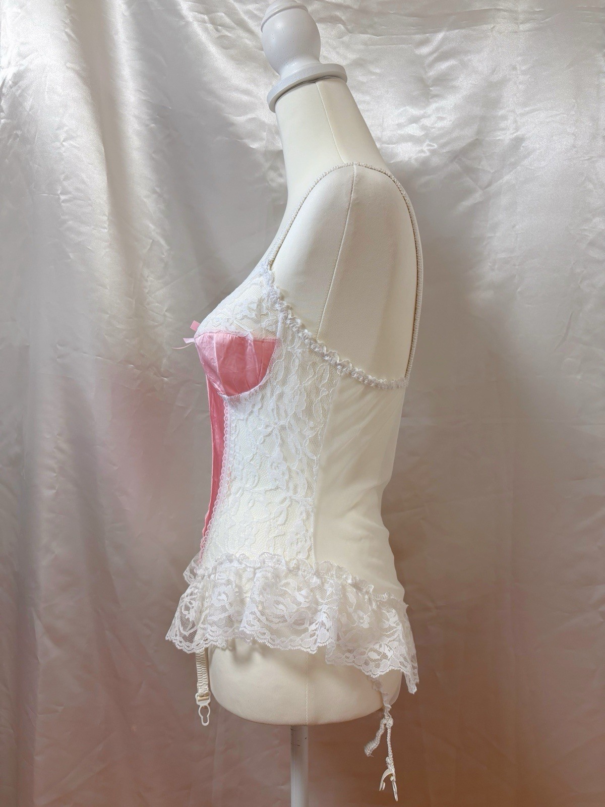 Vintage 80s Lace Pink White Lingerie Teddy Nightgown Romper Bodysuit USA Kawaii