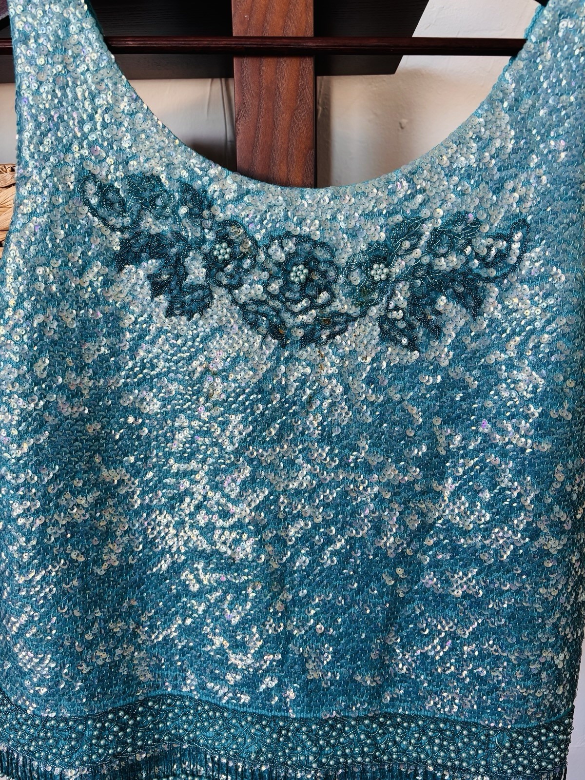 Vintage Women’s Blue 100% Wool Sequined Embellished Tank Top Made in Hong Kong