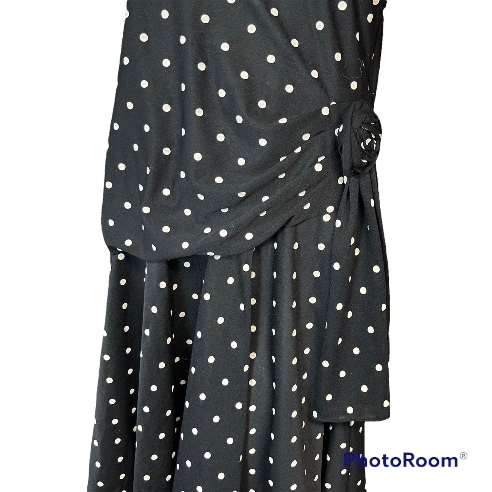 Vintage Black Dress Size 15 16 Black White Polka Dot Gathered Party Classic 80s
