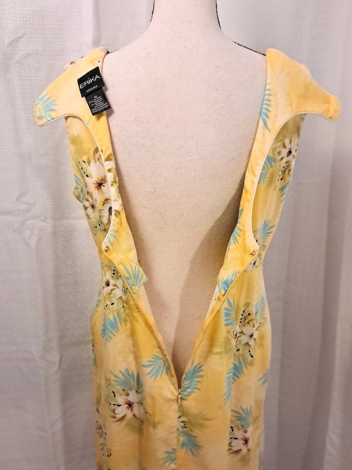 Vintage Erika Cotton Yellow Tropucal Print Cutout Back Detail Dress Size 10