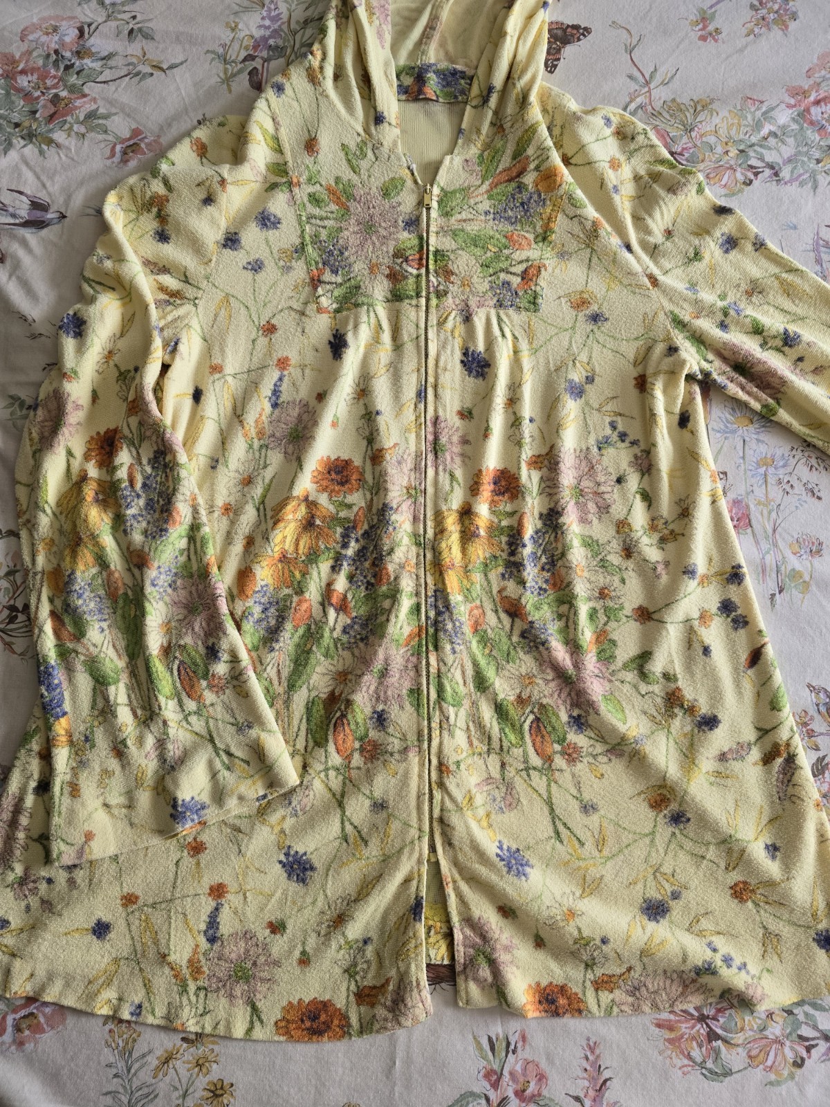 Vintage 60s 70s Floral Terry Cloth Zip Up Hoodie Talon Zipper Womens Med/large