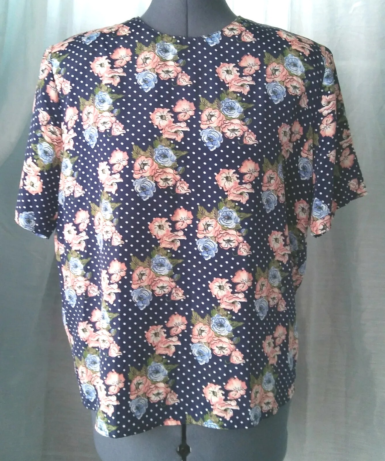 Vintage Gianna Navy Blue Blouse with Polka Dots & Florals Size Medium