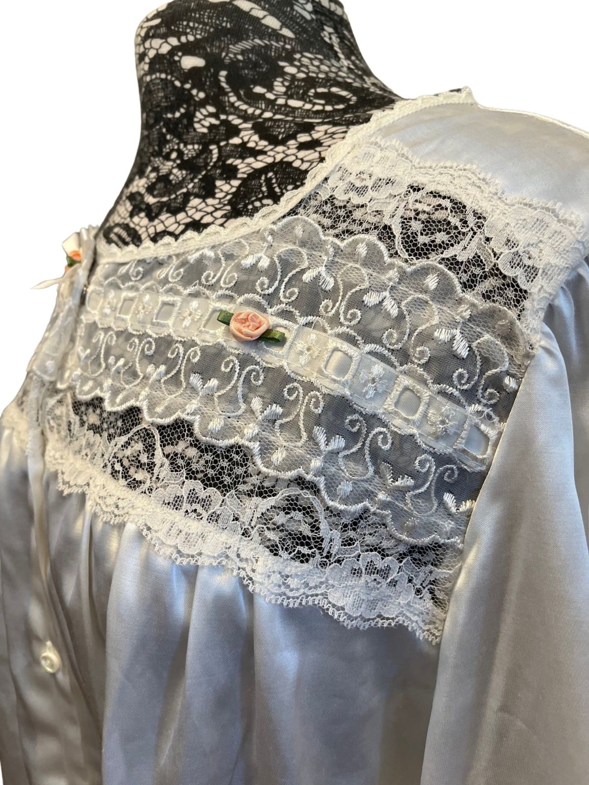 Vintage 80s Pajama Shirt Blouse Satin Long Sleeve White Lace Rose Ribbon Bow S