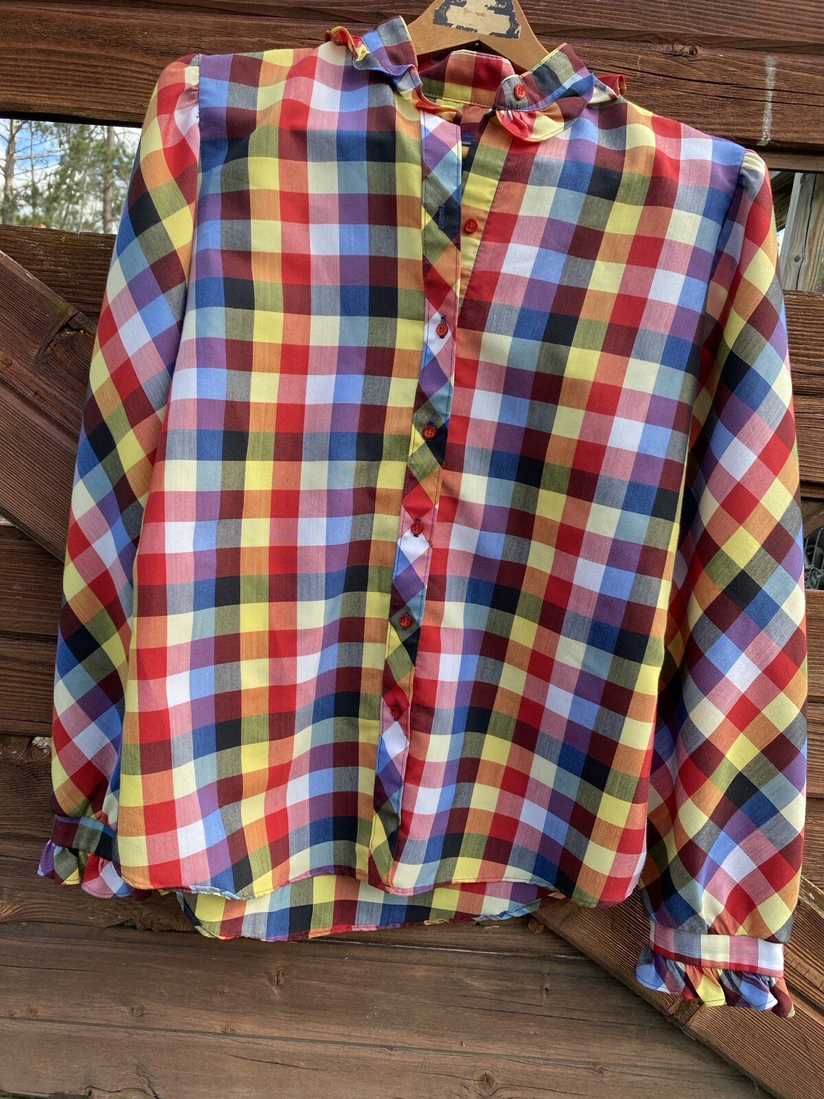 Vintage Panhandle Slim blouse Women’s Western Plaid Ruffle Red Yellow gingham