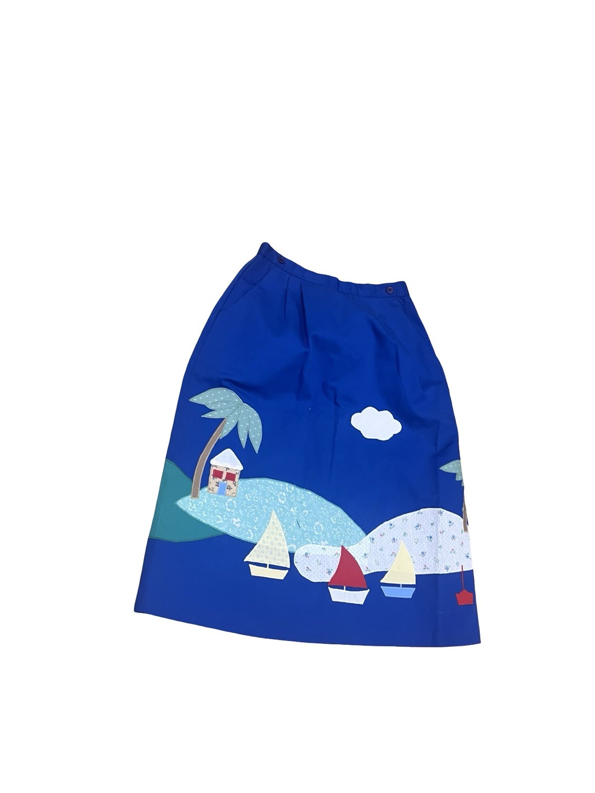 Vtg Patchwork Boats Palm Island Blue Skirt Sz 9/10 Sz M Preppy Resort Cruise 70s