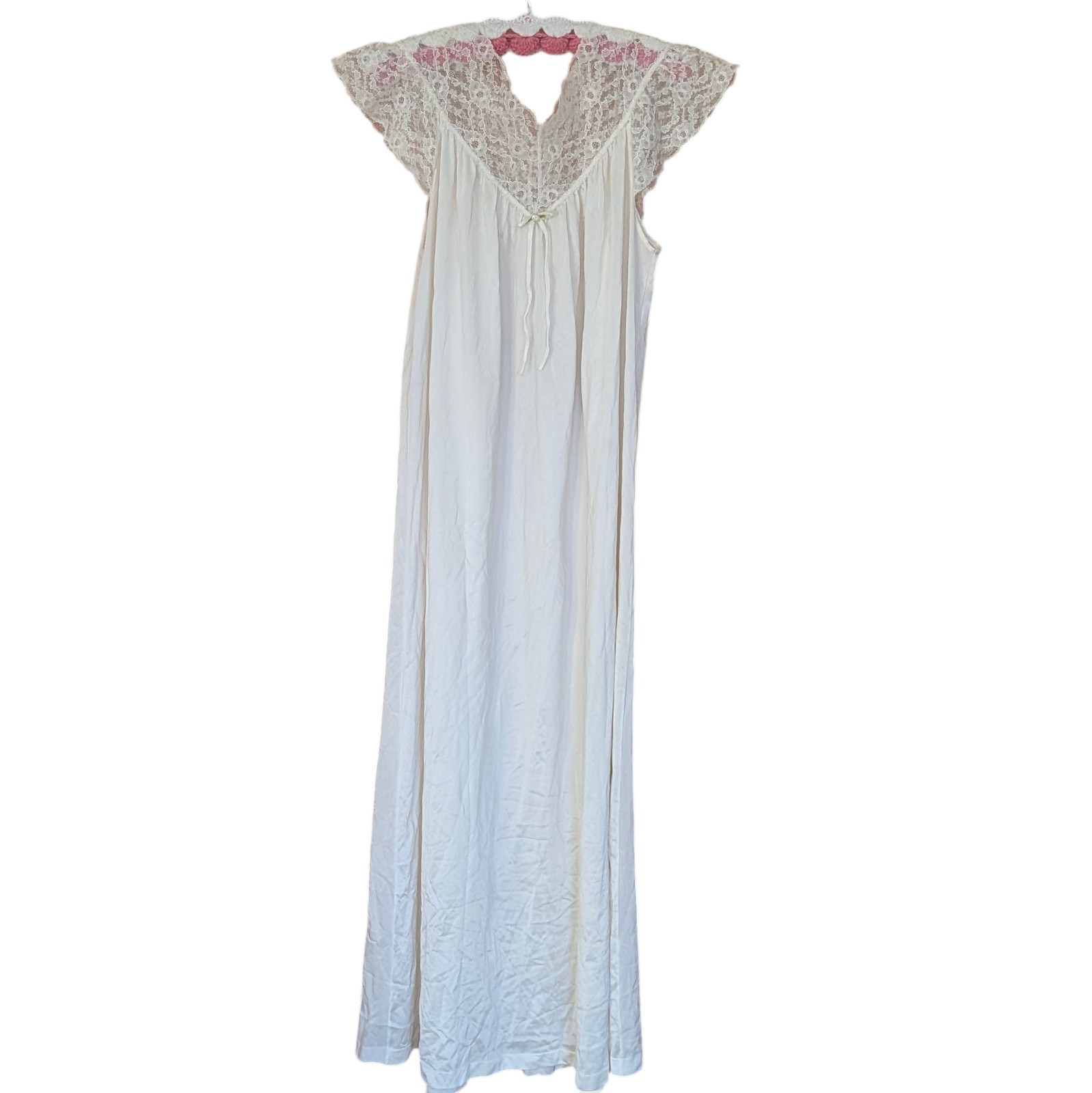 Vintage Sears Cream Lace Nightgown M 12/14 Nylon Bow Detail Romantic Negligee