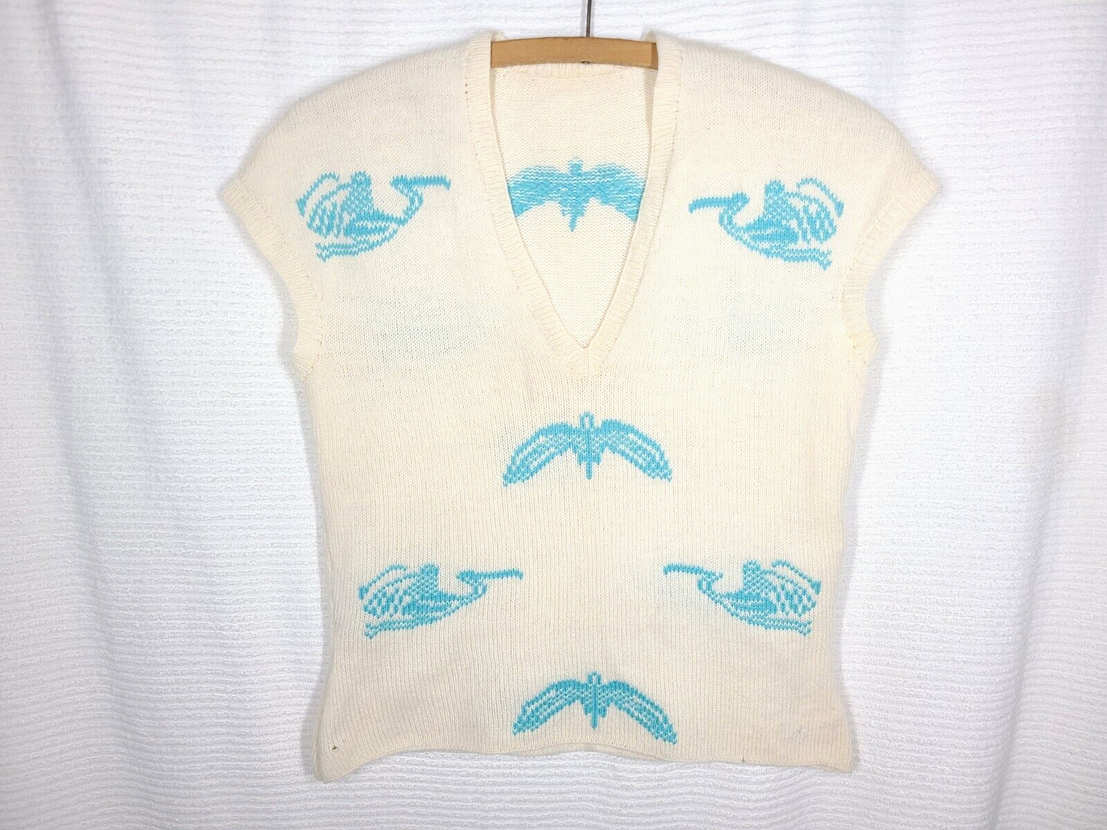 Vtg 50s Wool Hand Knit Top Intarsia Birds Stork Ivory Blue S M Retro Pinup Ooak