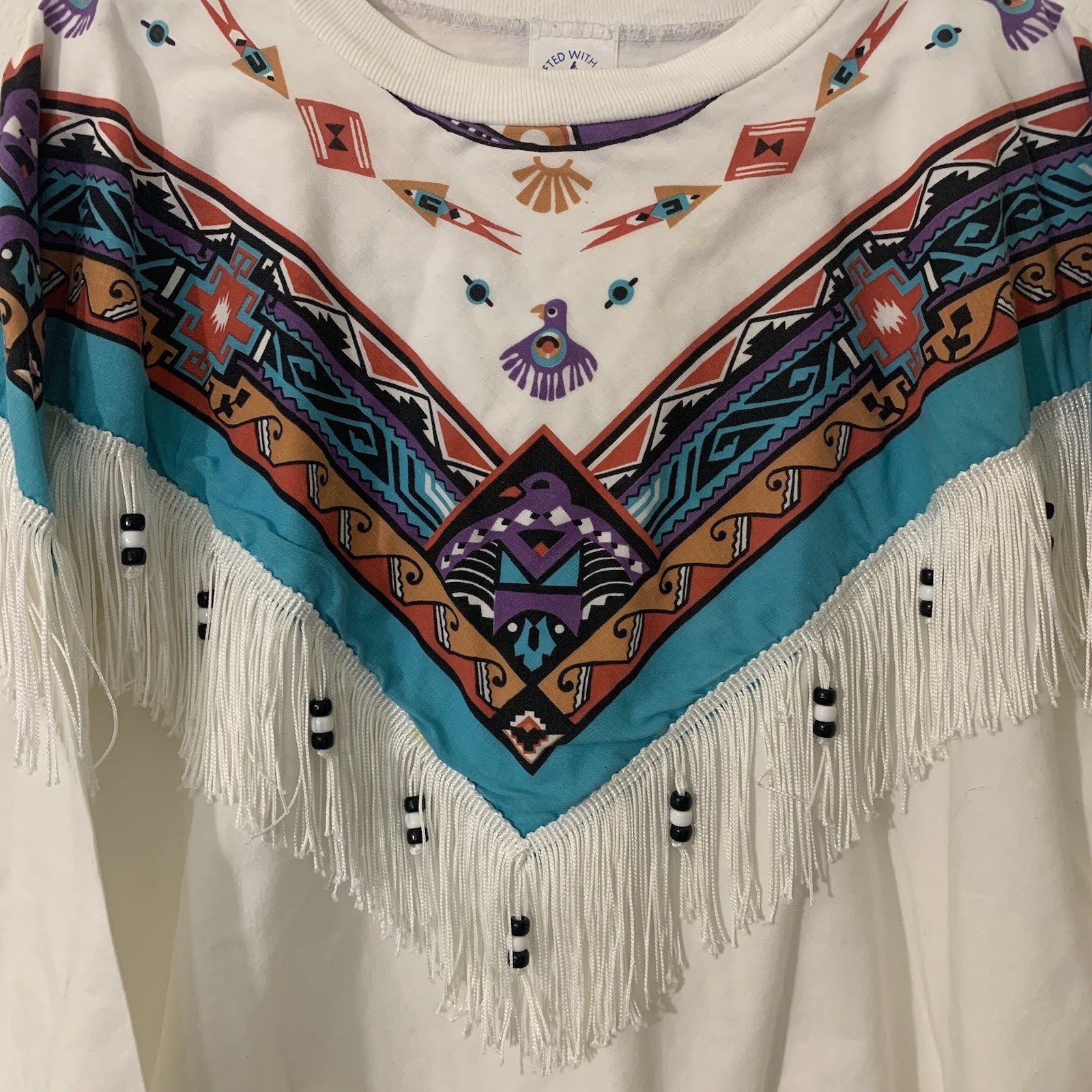 Vtg 80s Southwestern Women’s L/S White M Tribal Print Crafted With Pride USA