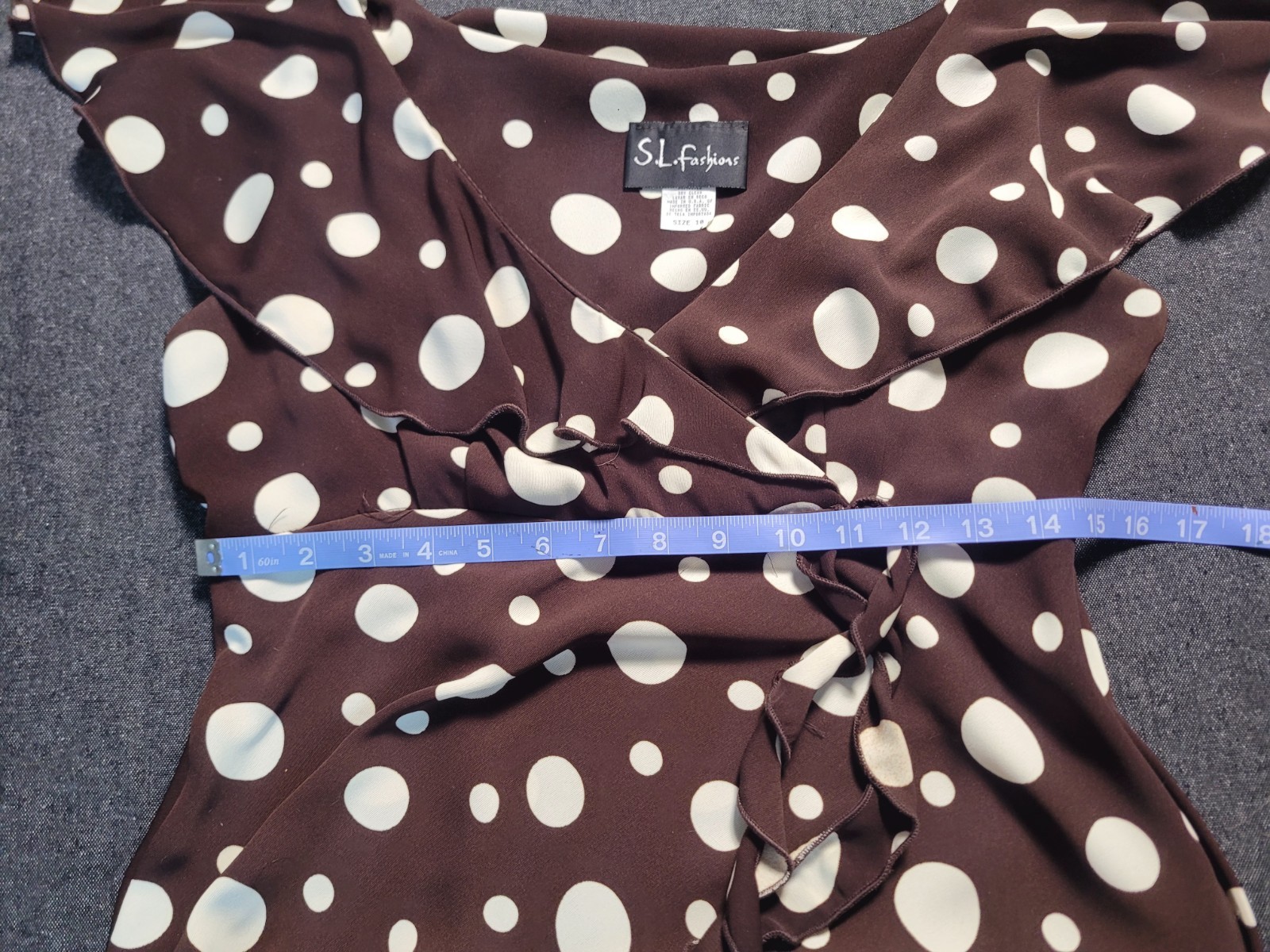 Vintage 80s 90s S.L Fashions Brown White Polka Dot Midi Maxi Dress Ruffles Vneck
