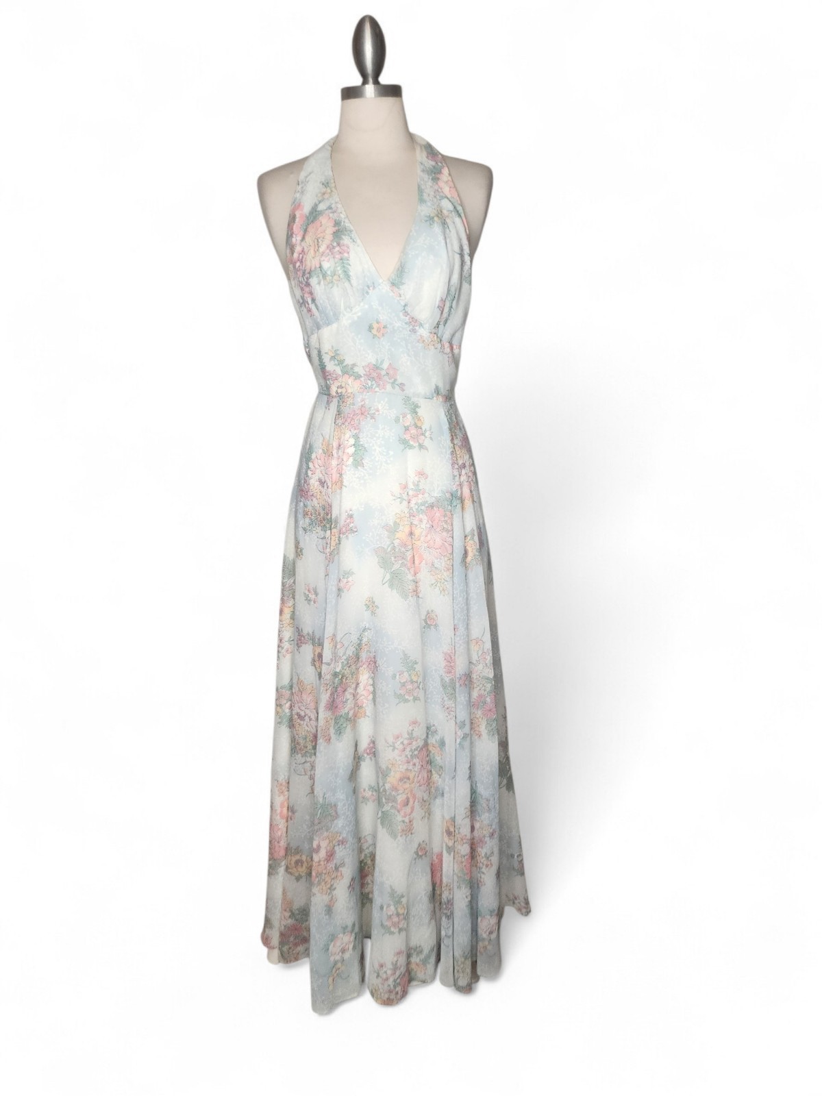 1970s Floral Print Vintage Halter Dress in Light Blue Size 5
