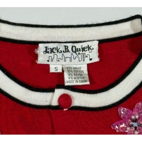 VTG Jack B Quick Cardigan Women S Red Novelty Striped Beaded Whimsical Parisiane