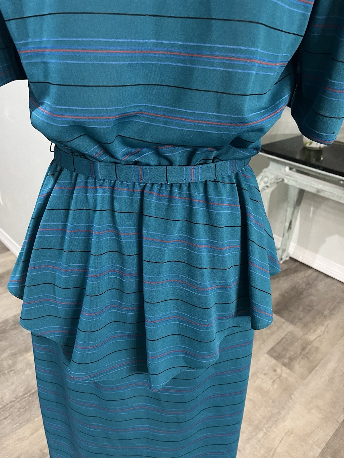Vintage David Robin by Yvette Teal Peplum Polyester Dress Size 11/12