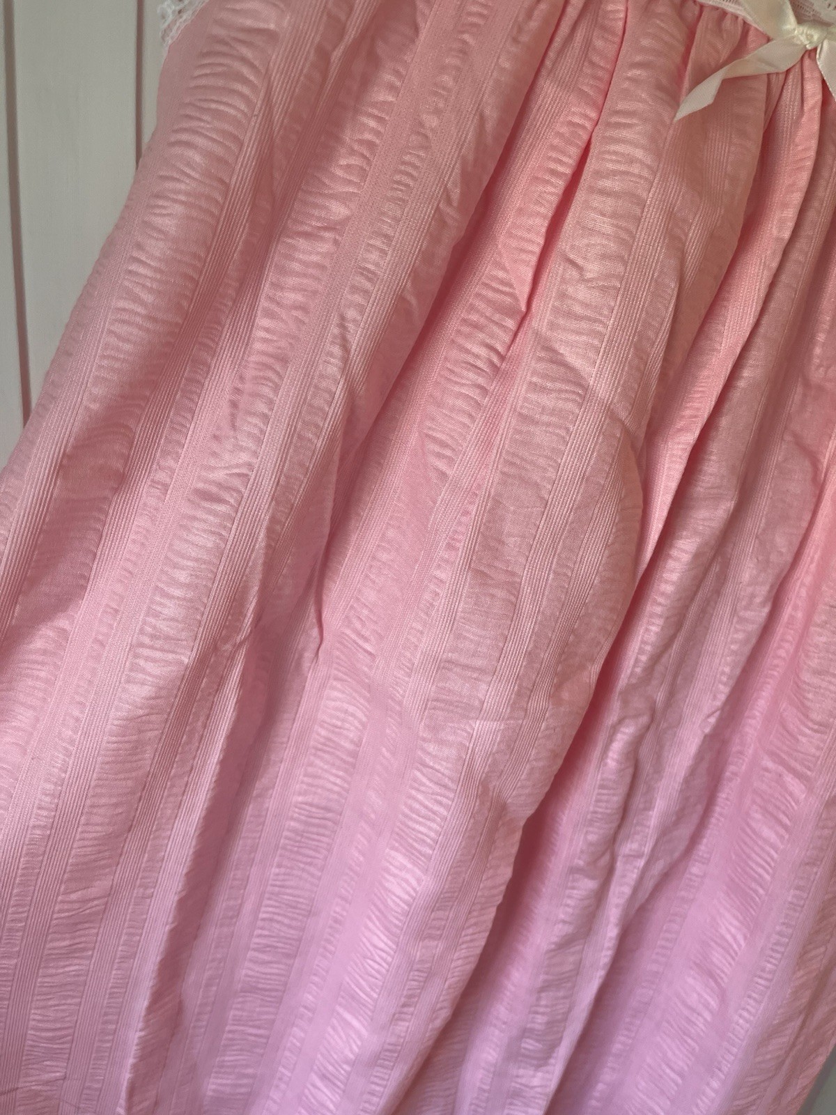 Vintage Pink Cottagecore Nightgown ILGWU Union Made USA Puff Sleeve Lace Medium