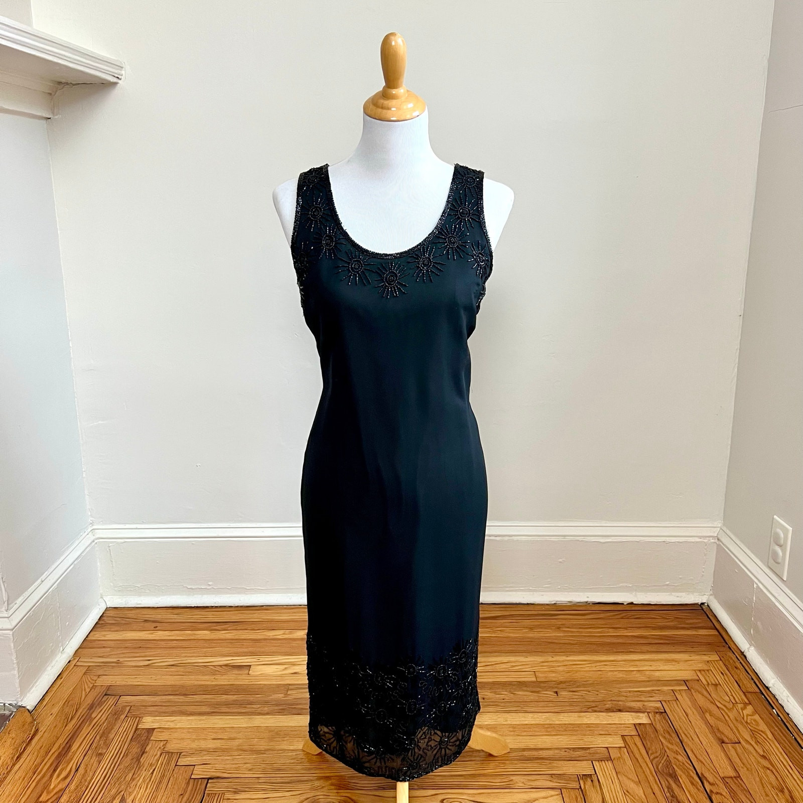 Vintage 90s NWT JKara Black Beaded Cocktail Dress and Sheer Embellished Jacket 8