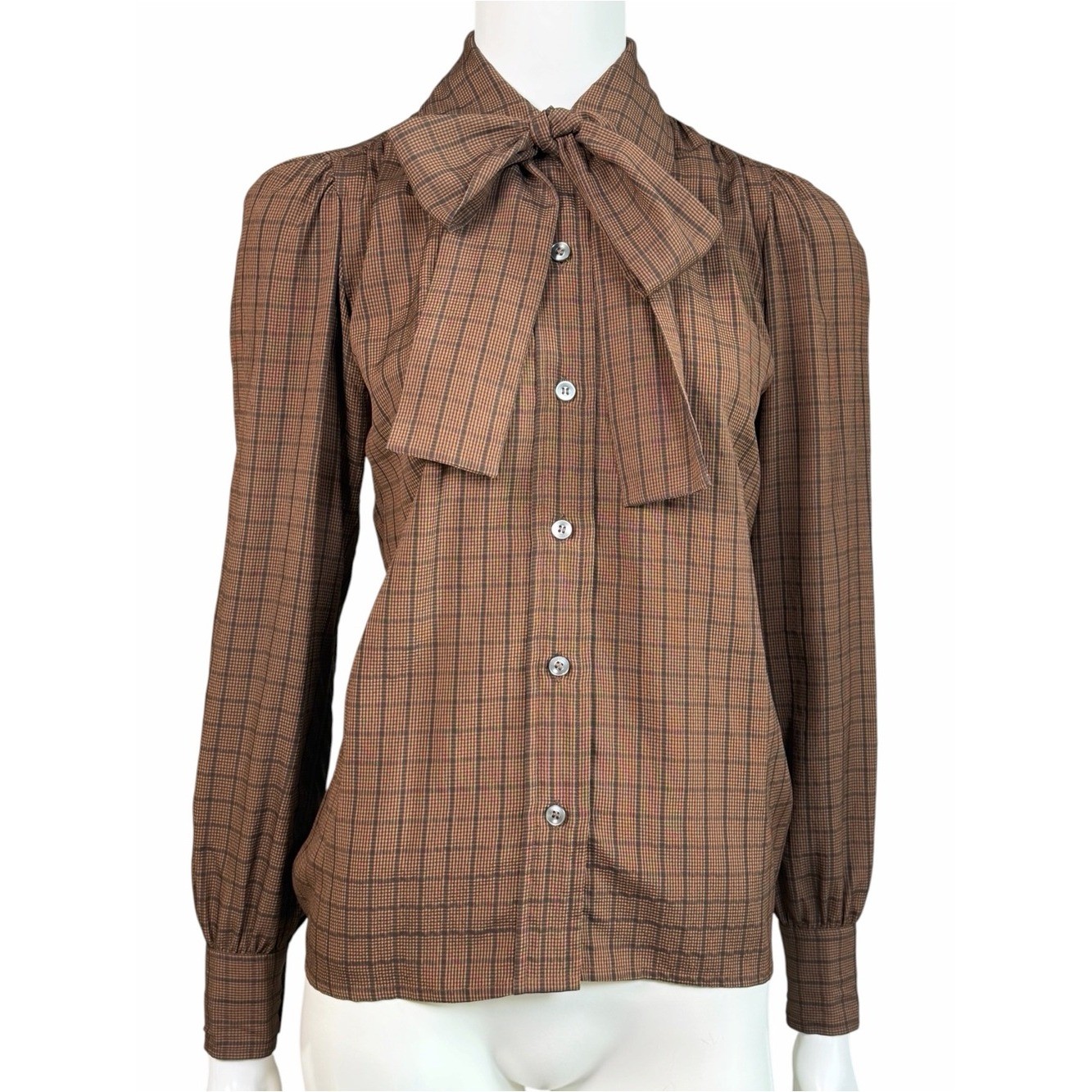 Vintage Saint Laurent Rive Gauche Silk Bow Tie Plaid Blouse EU 34 US 2
