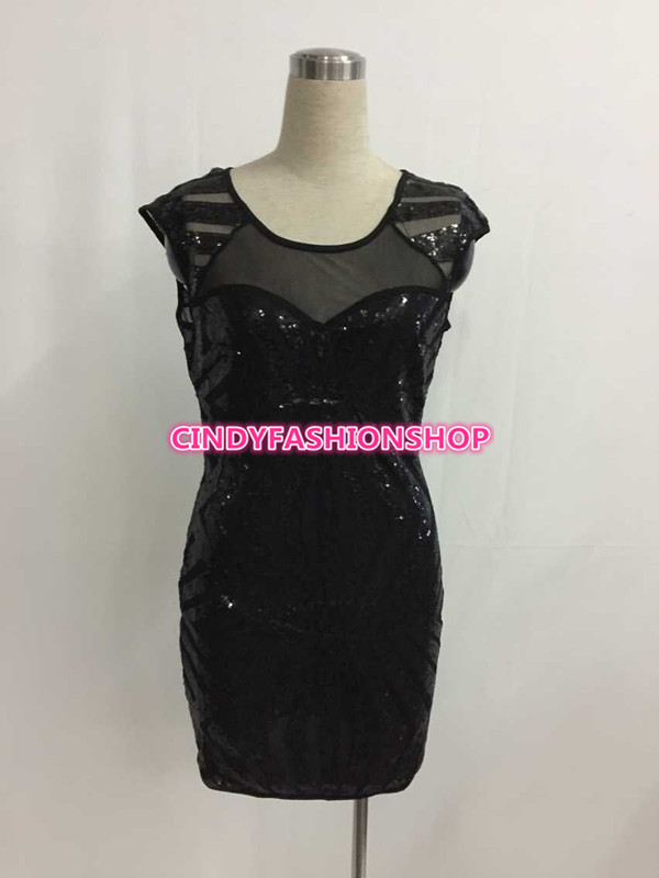 USA Women Cap Sleeve Patchwork Body con Sequin O-Neck Veils Sequinned Dress