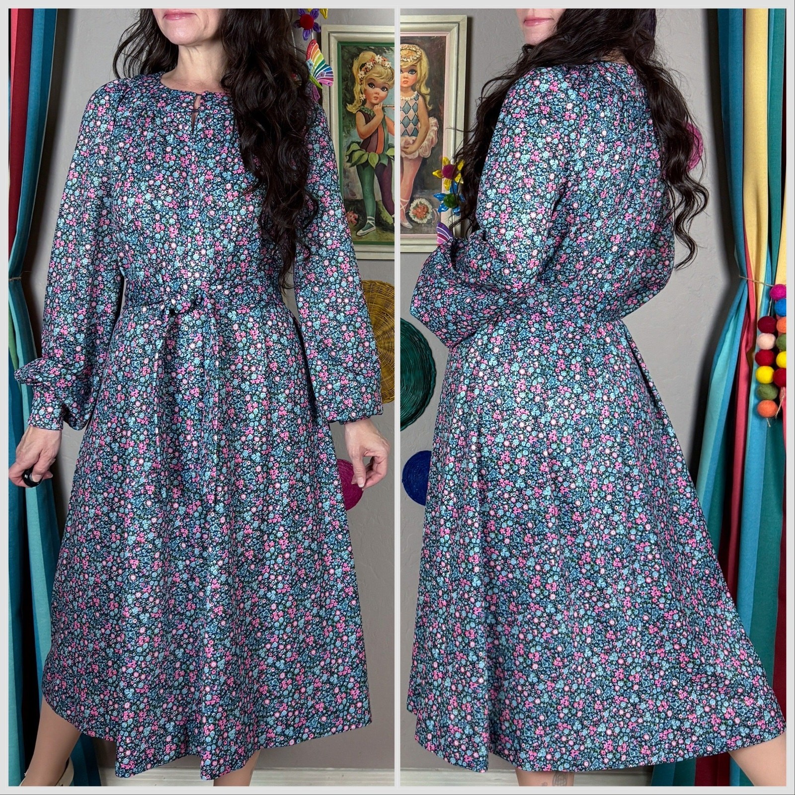 Vintage 1960s Blue and Pink Ditsy Floral Long Sleeve Belted Midi Dress | M/L