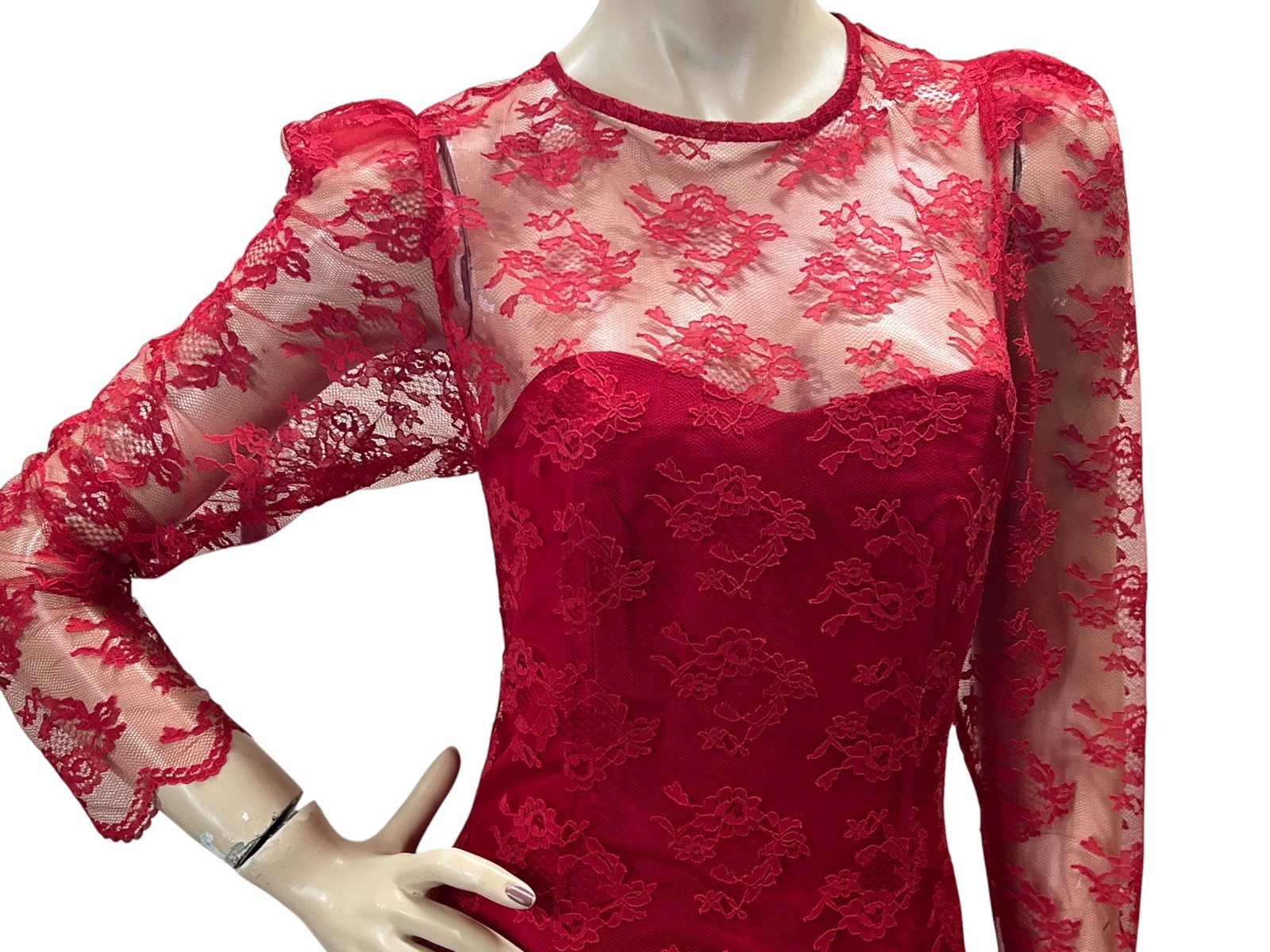 Vtg 80s Sz M~L Red Taffeta Satin Lace High Low Prom Dress