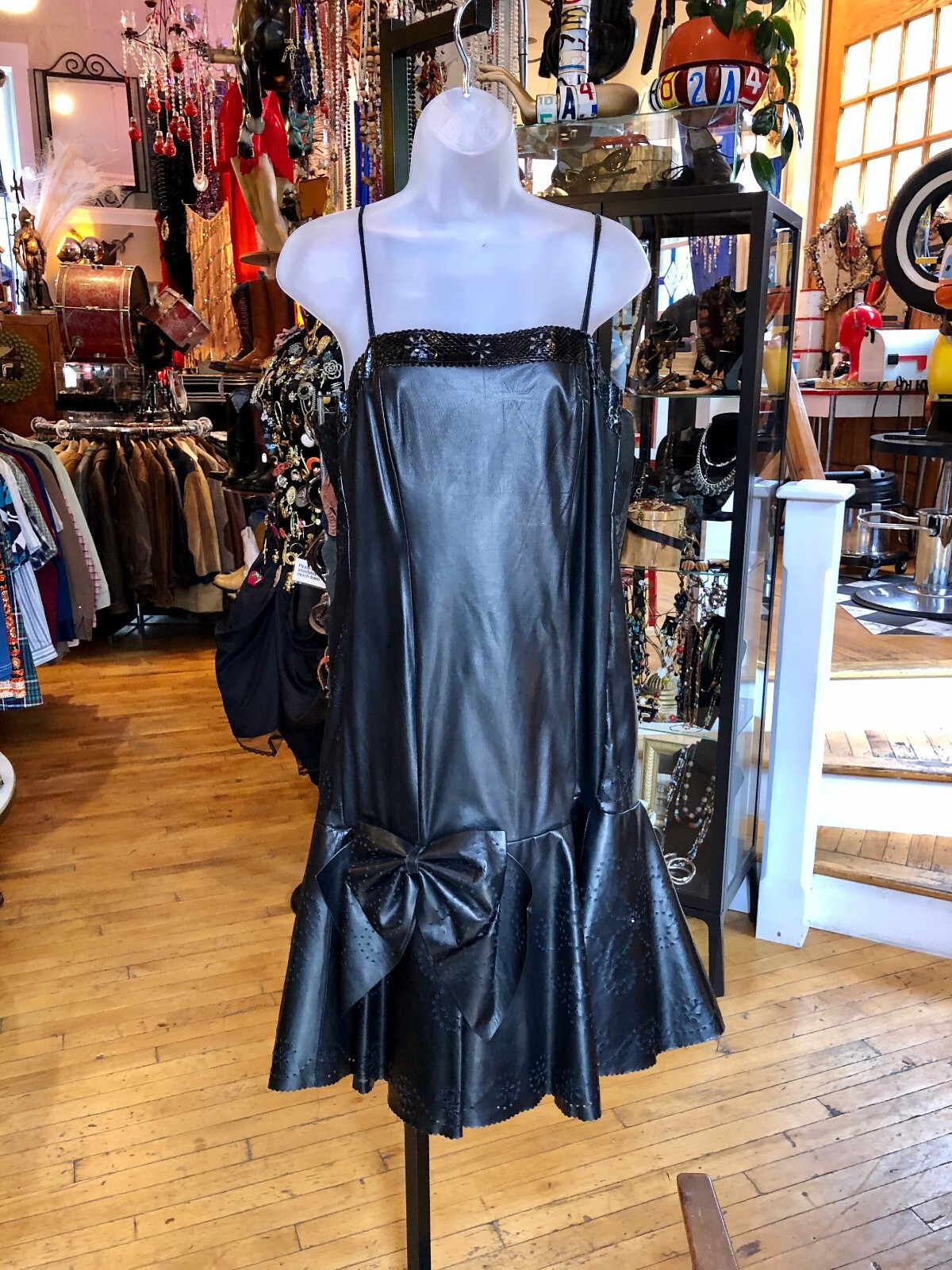 Vintage 80’s Black Leather and Silk-like Lined Dress Women’s Medium