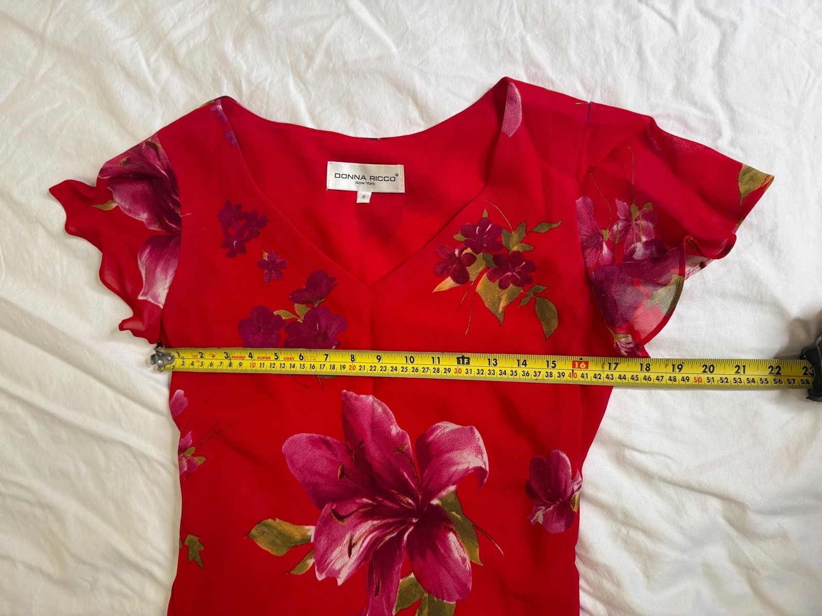Donna Ricco Floral Chiffon Dress 8 Pink Red Lily Hanky Hem Wedding Guest Y2K
