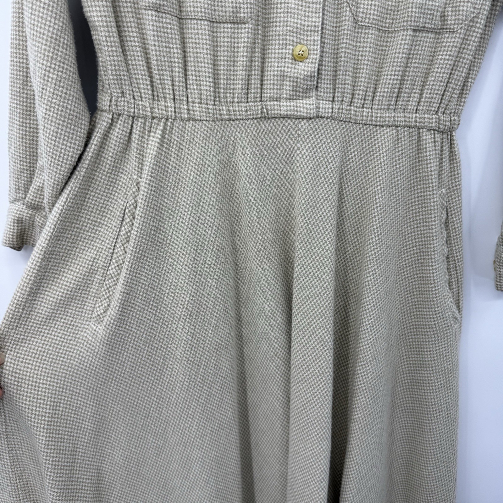 Vintage Banana Republic Safari Midi Dress Sz S Khaki Houndstooth Modest 1987