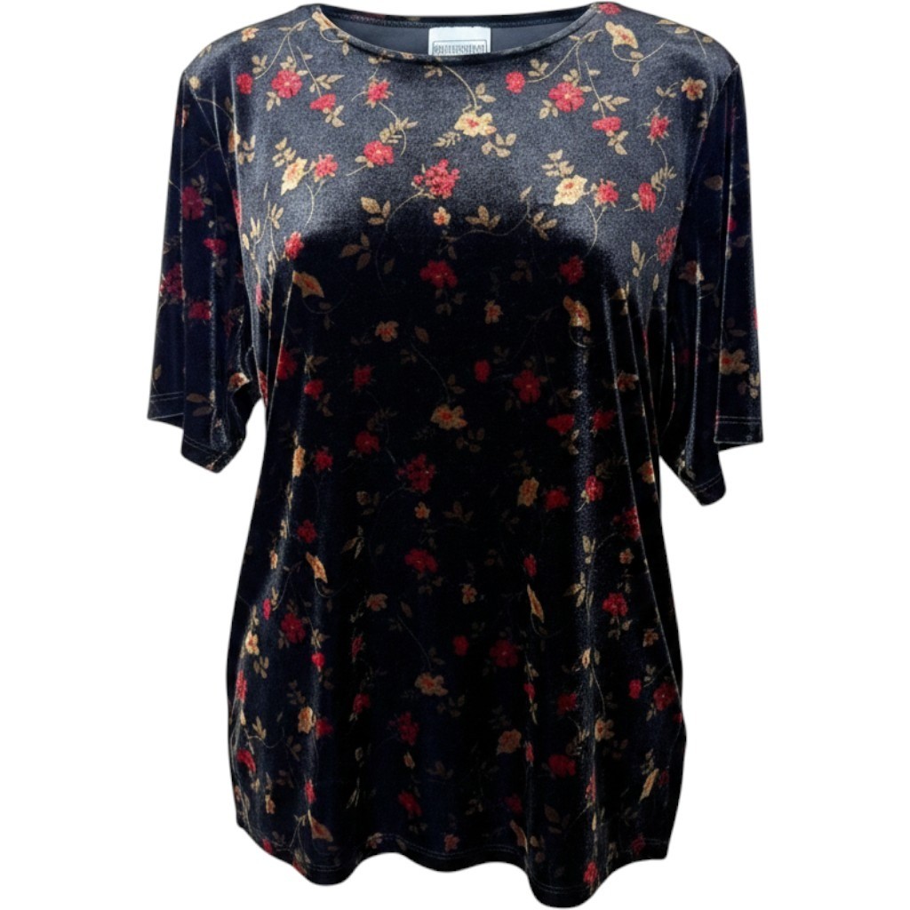 Vintage Impressions of California Black Velvet Floral Short Sleeve Top Blouse XL